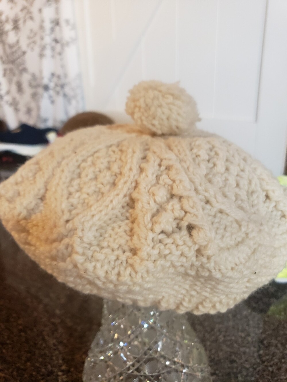 Knit Beret Hat With Pom Pom Cream Color